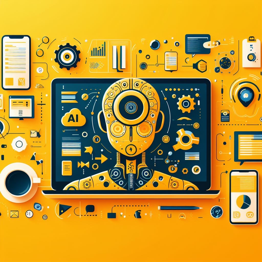 A yellow background and various icons and images related to AI and digital marketing